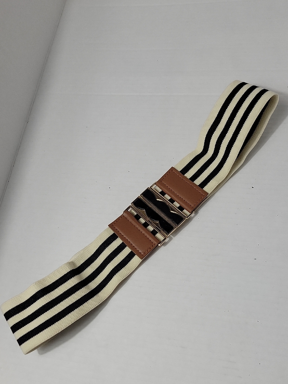Striped Elastic Waist Belt with Brown Leather Accent - Cream & Black